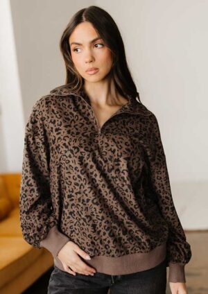 Elisha Zip Corduroy Leopard Brown Sweatshirt