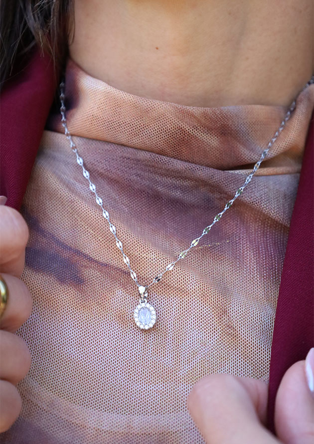 Full Shine Oval Silver Necklace - LNK49 - Image 2
