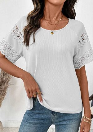 Graceful Ribbed White Lace Short Sleeve Top