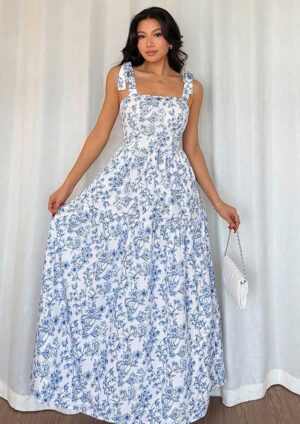 Heavenly Floral Knot Strap High Waist Blue Maxi Dress
