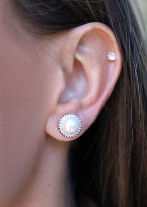 Ice Halo Pearl Stud Silver Earrings - BR205
