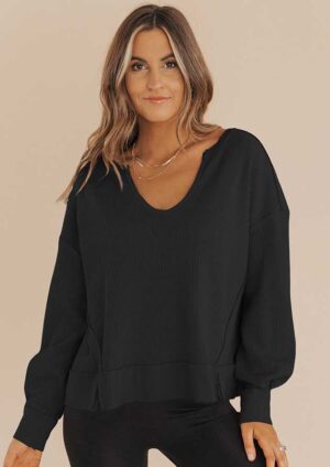 Laid-Back Waffle Knit Notched Neck Black Sweatshirt