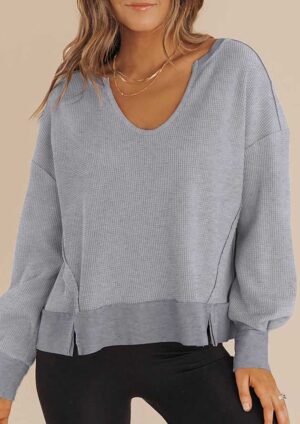 Laid-Back Waffle Knit Notched Neck Gray Sweatshirt