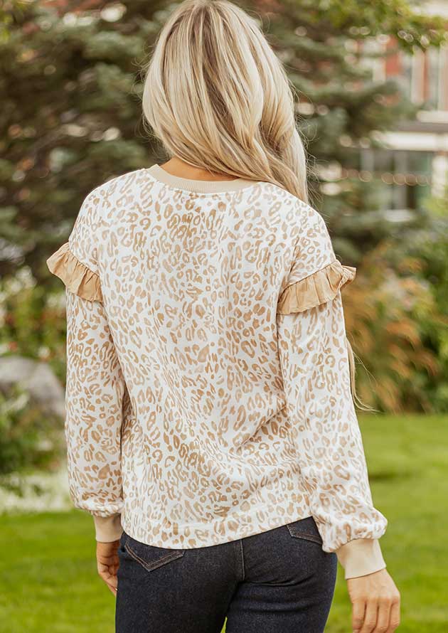 Largo Leopard Ruffle Ribbed Trim Round Neck Khaki Sweatshirt - Image 4