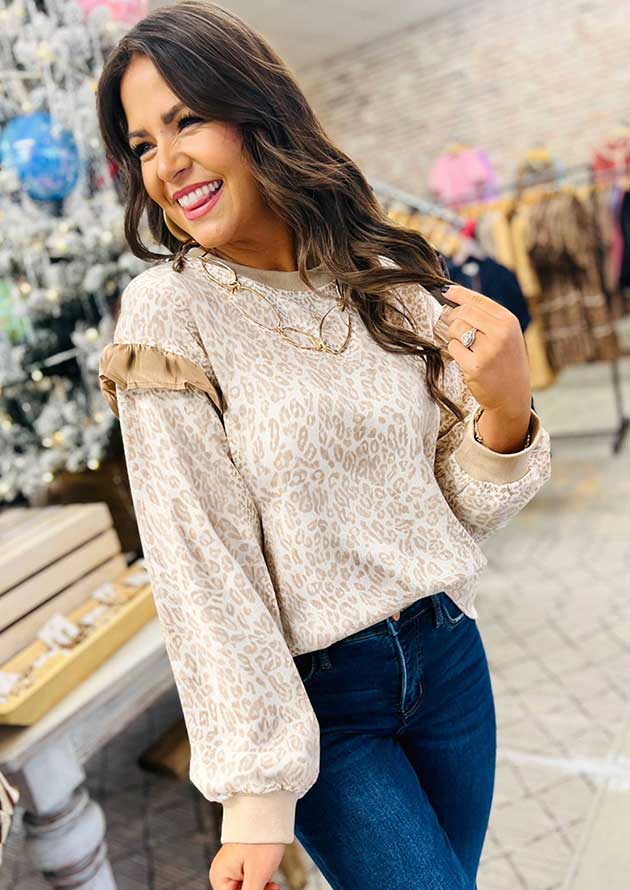 Largo Leopard Ruffle Ribbed Trim Round Neck Khaki Sweatshirt - Image 3