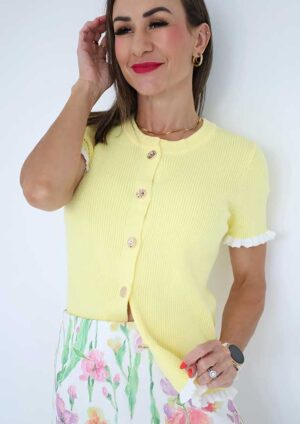 Lemon Cream Ribbed Knit Frilled Short Sleeve Yellow Cardigan