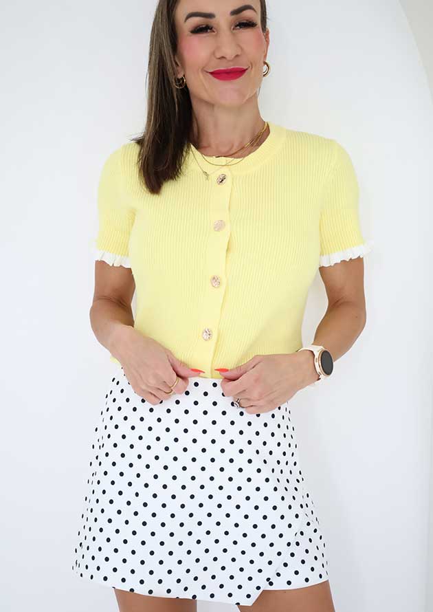 Lemon Cream Ribbed Knit Frilled Short Sleeve Yellow Cardigan - Image 2