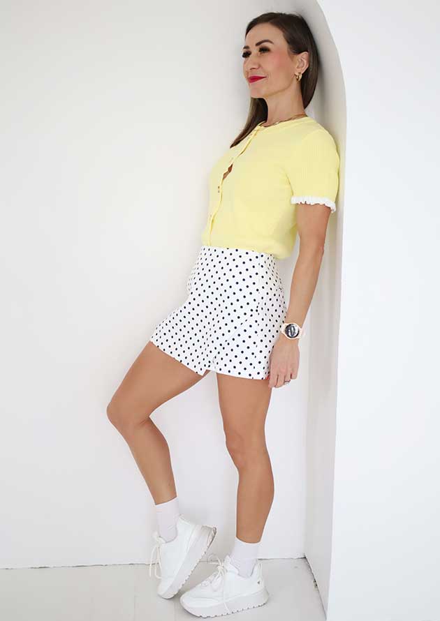 Lemon Cream Ribbed Knit Frilled Short Sleeve Yellow Cardigan - Image 3