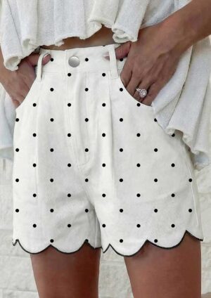 Marica Polka Dot Embroidered Scallop Hem White Shorts