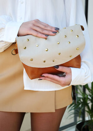 Medium Toffee Bag with Gold Studded Beige Flap -LF27