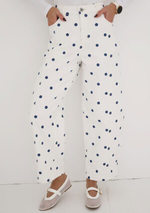 Melina Blue Polka Dot White Barrel Jeans