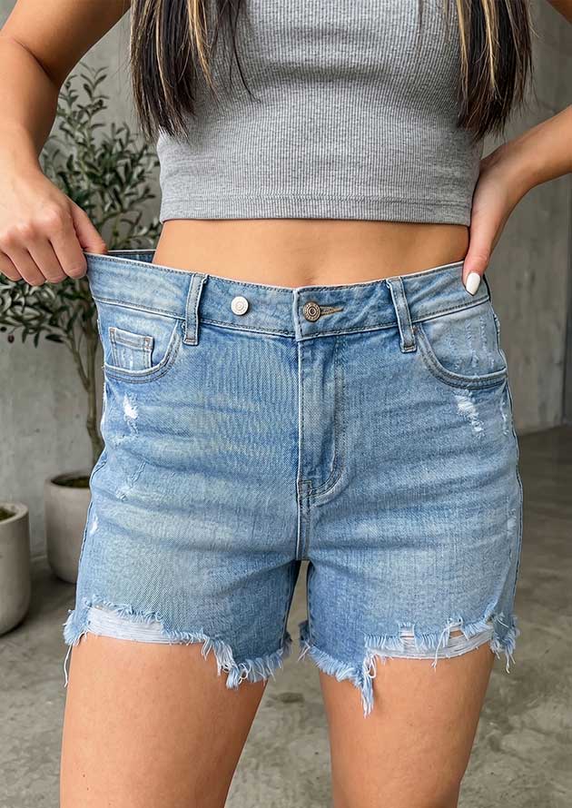 Menlyn Asymmetric Raw Hem Distressed Light Blue Short