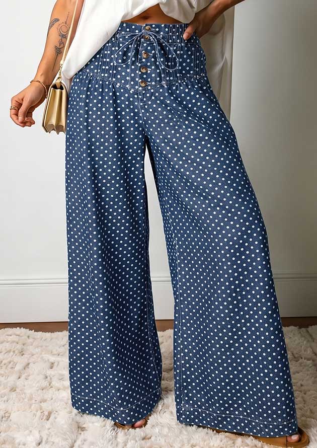 Paradise Polka Dot Button Pleated Wide Leg Jeans