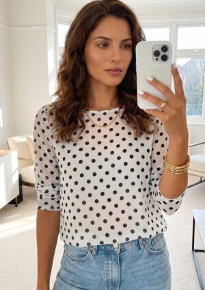 Parisian Polka Dot Sheer Long Sleeve Round Neck Top