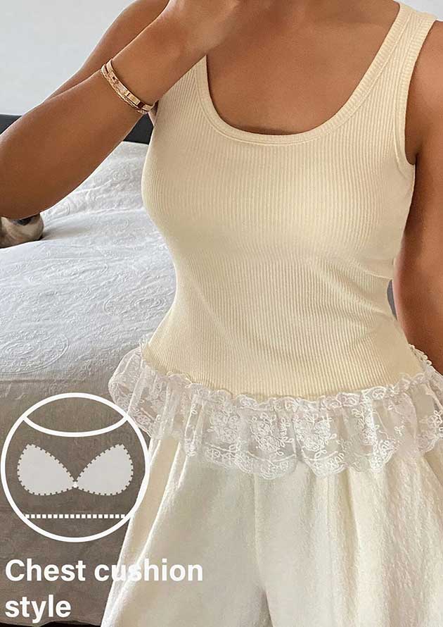 Pearl Petal Ribbed Knit Sweet Lace Hem Beige Top - Image 5
