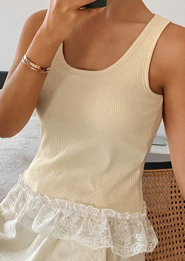 Pearl Petal Ribbed Knit Sweet Lace Hem Beige Top