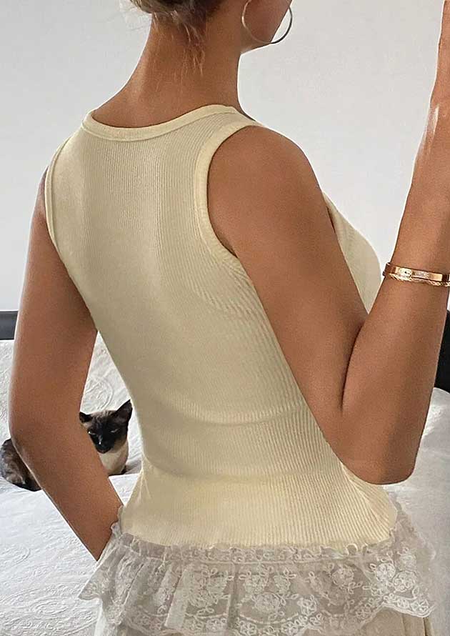 Pearl Petal Ribbed Knit Sweet Lace Hem Beige Top - Image 3