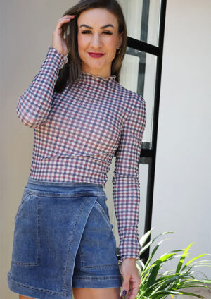 Pretville Checkered Mesh Long Sleeve Top