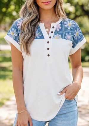 Serenity Floral Patchwork Short Sleeve Blouse