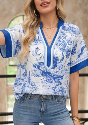 Swallow V Neck Raglan Sleeve Blue Blouse