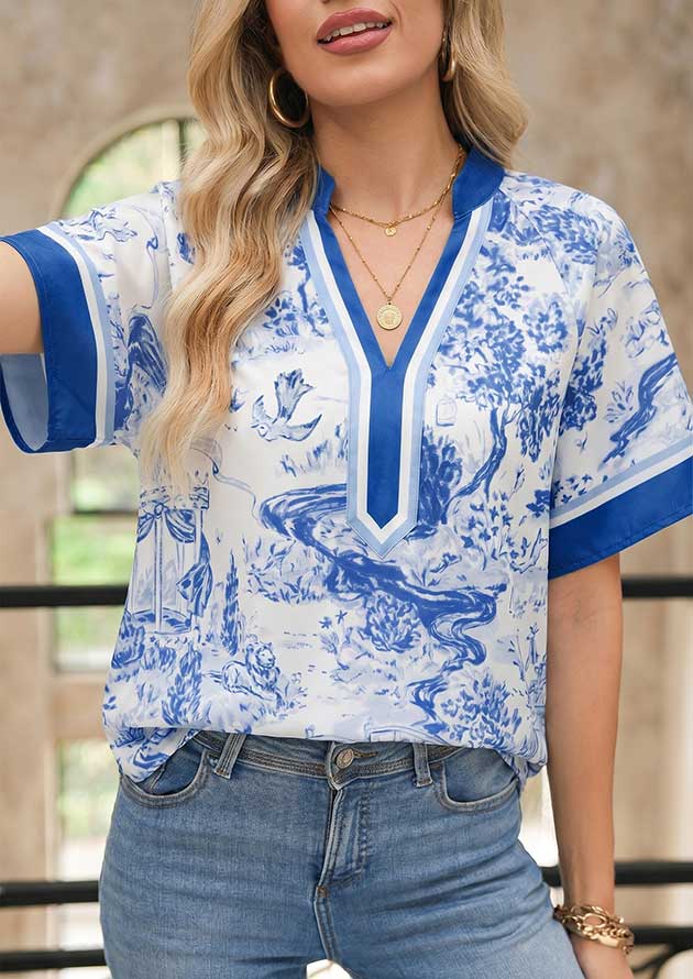 Swallow V Neck Raglan Sleeve Blue Blouse
