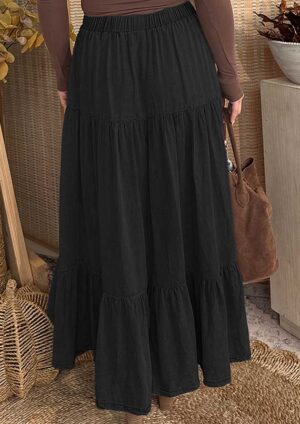 Wanderlust Ruffled Tiered Denim Black Maxi  Skirt