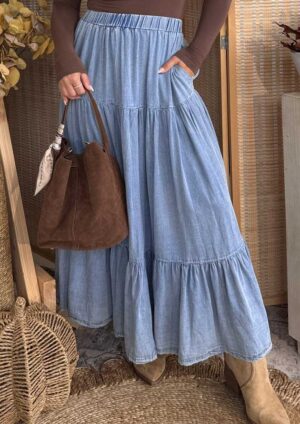 Wanderlust Ruffled Tiered Denim Blue Maxi  Skirt