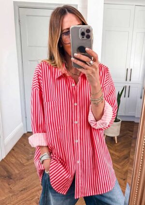 Adelaide Stripe Button Up Red Blouse