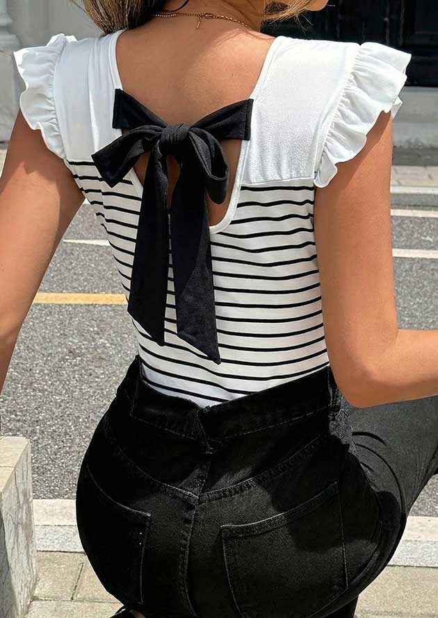 Aderley Stripe Contrast Knot Ruffle Trim Top - Image 3