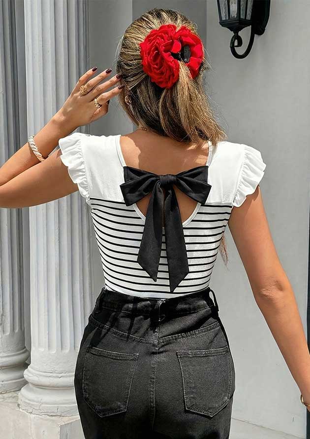 Aderley Stripe Contrast Knot Ruffle Trim Top - Image 2