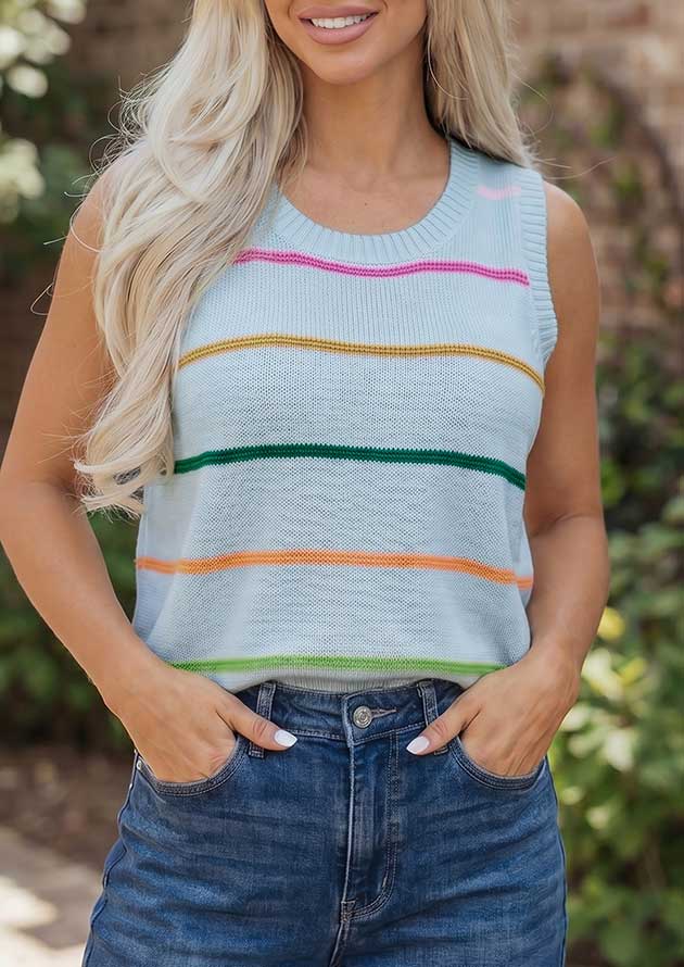 Anneri Stripe Round Neck Knitted Blue Sweater Tank Top
