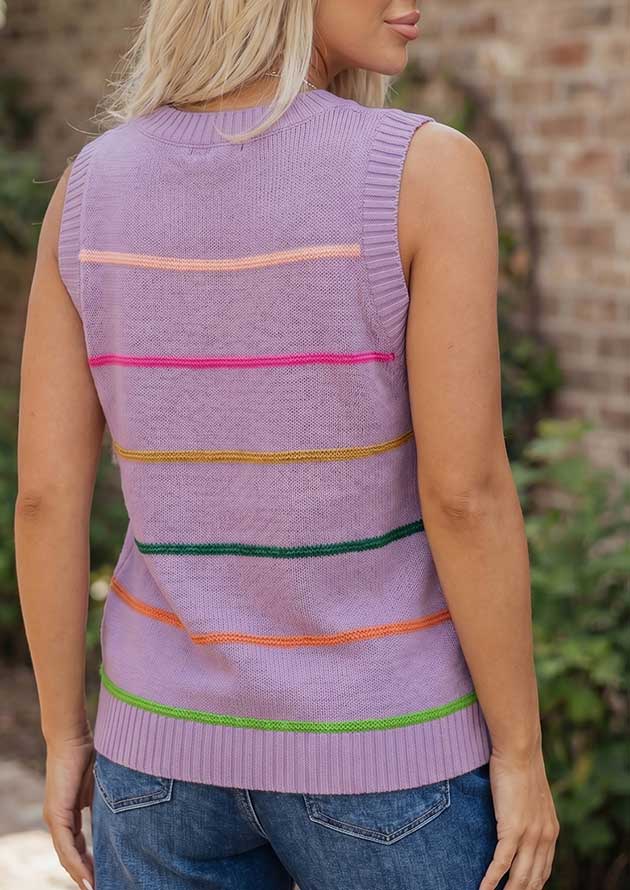 Anneri Stripe Round Neck Knitted Purple Sweater Tank Top - Image 2