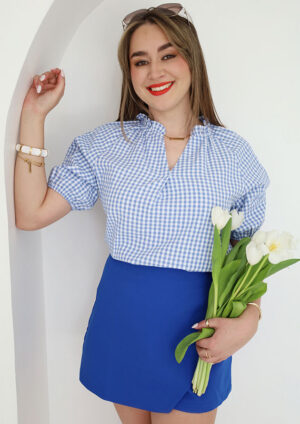 Azure Summer Plaid V Neck Puff Sleeve Blue Blouse