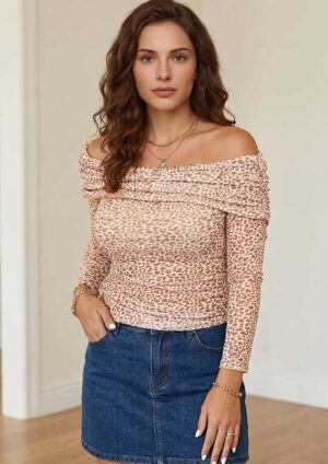 Bardot Leopard Fold-Over Off Shoulder Long Sleeve Top