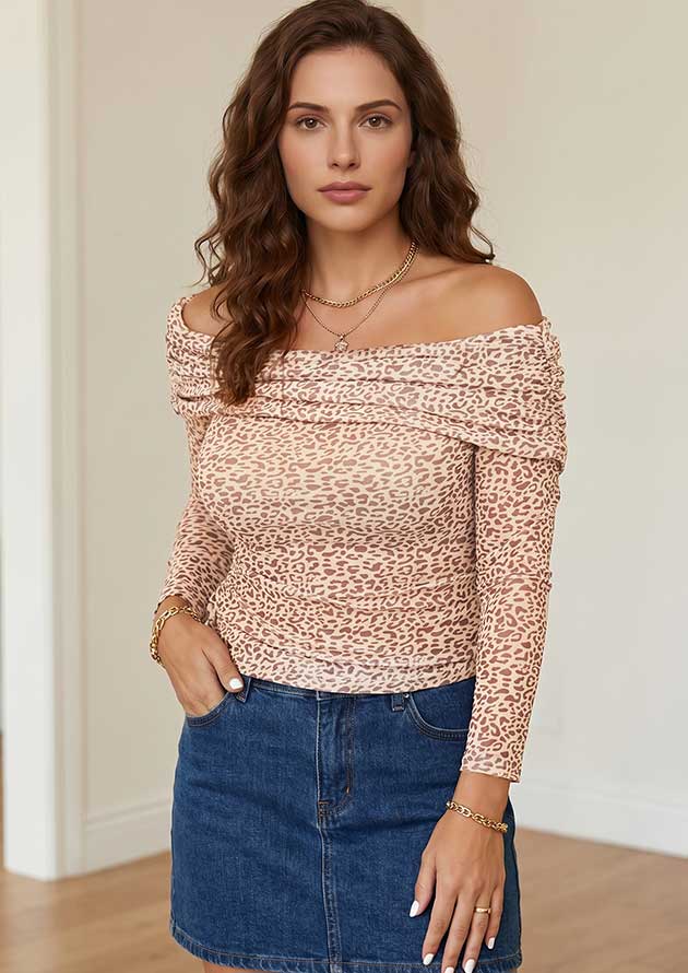Bardot Leopard Fold-Over Off Shoulder Long Sleeve Top