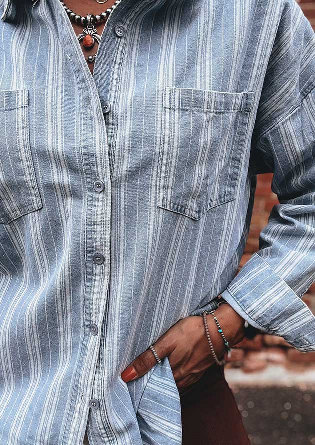 Belfast Stripe Chest Pocket Denim Boyfriend Button Shirt - Image 2