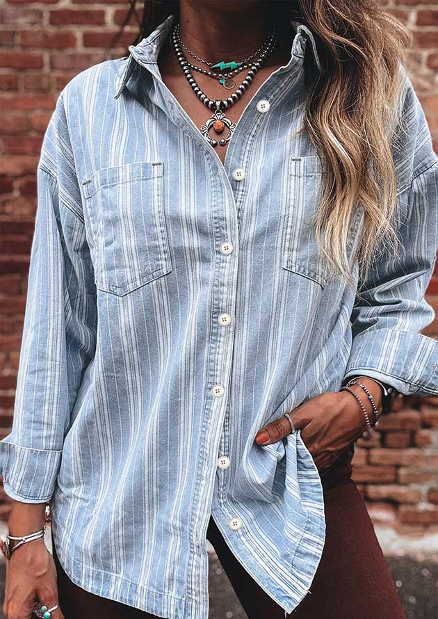 Belfast Stripe Chest Pocket Denim Boyfriend Button Shirt - Image 5
