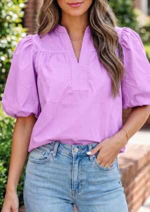 Brenda Stitched V Neck Puff Sleeve Purple Blouse