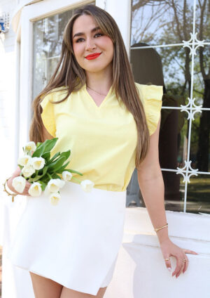 Clara V Neck Ruffle Trim Short Sleeve Yellow Top