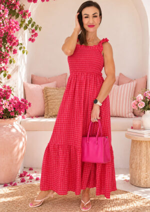 Crimson Plaid Square Neck Red Maxi Dress