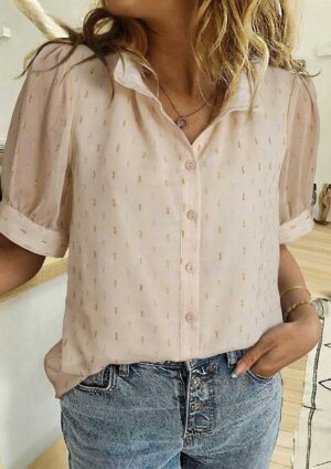 Dazzling Metallic Jacquard Short Sleeve Beige Blouse
