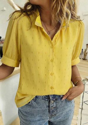 Dazzling Metallic Jacquard Short Sleeve Yellow Blouse
