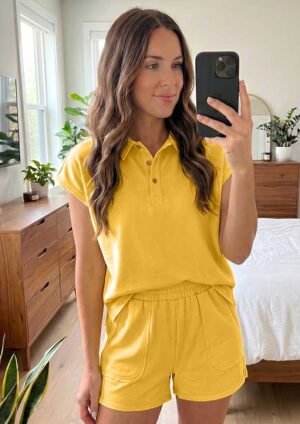 Donella Loose Polo Tee and Short Bright Yellow Co-Ord