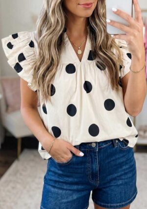 Fiona Polka Dot V Neck Ruffle Sleeve Blouse