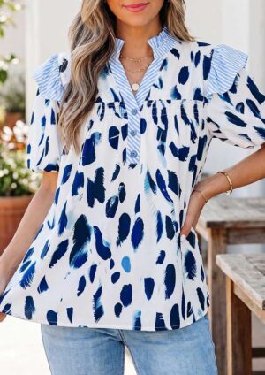 Frida Abstract Stripe Ruffle Trim V Neck Blouse
