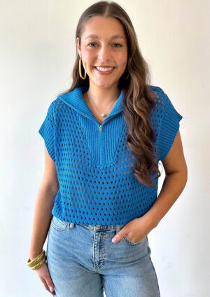 Genny Hollowed Knit Short Sleeve Blue Top