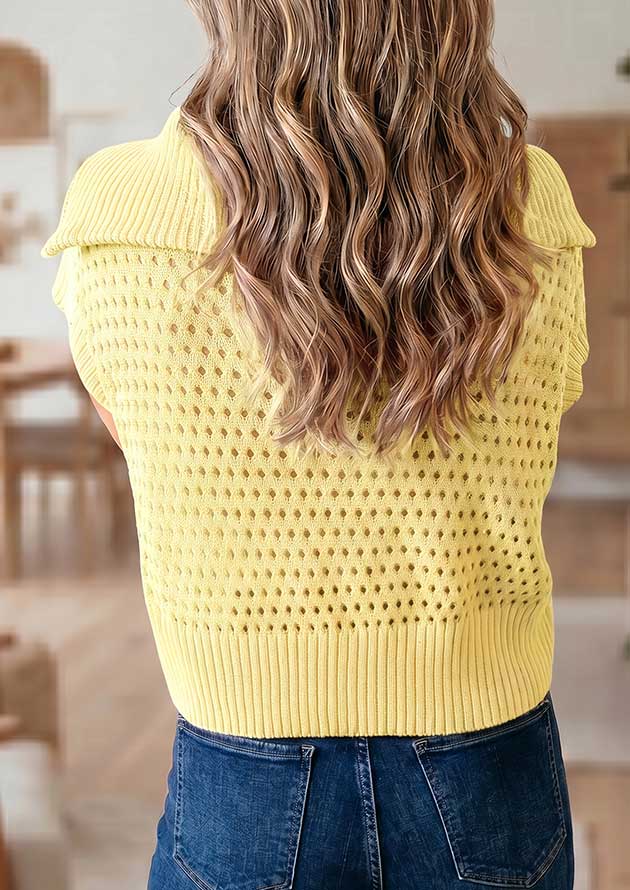 Genny Hollowed Knit Short Sleeve Yellow Top - Image 2