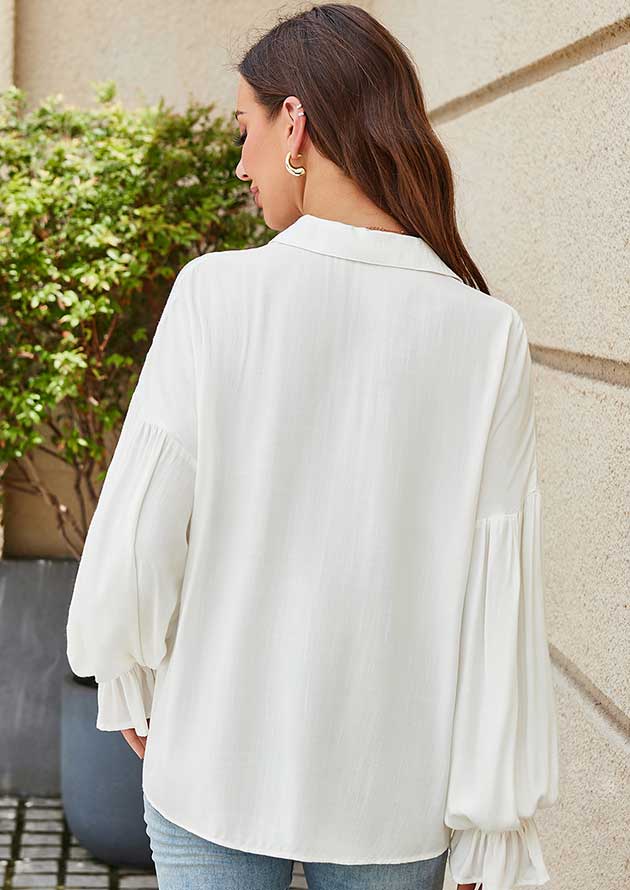 Graceful Ruffle Elastic Cuffs Putty Long Sleeve White Blouse - Image 2