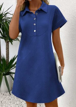 Harlow Textured Short Sleeve A Line Dark Blue Short Dress