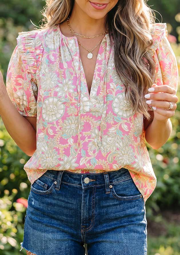 Harmony Tie V Neck Floral Short Sleeve Pink Blouse - Image 3